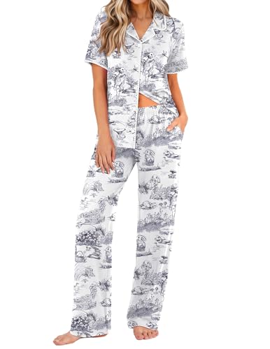 Ekouaer Womens Pajama Sets Button Down Loungewear Short Sleeve Sleepwear 2 Piece Pants Pjs Set with Pockets Black Rabbit XXL