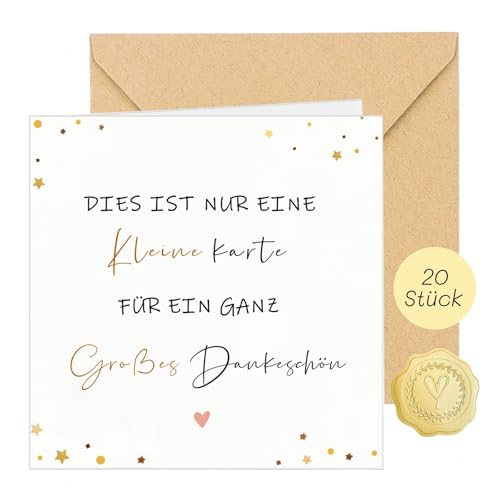 20 Stück Dankeschön Karte Danke Karten (Klappkarte) mit 20 Umschlag und 25 Gold Aufkleber Dankeskarten für Kollegen Lehrern Familie Freunde (Gefaltete Größe 14cm x 14cm) (Weiß)