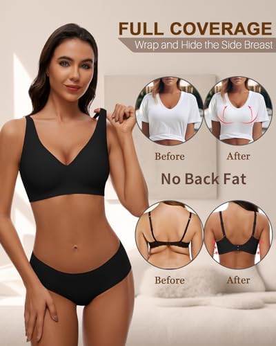 WOWENY Wireless Bras for Women No Underwire Full Coverage Seamless Push Up Bra Comfort Deep V Bralettes with Support