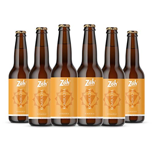 Image of Zoh Probiotics Turmeric Kombucha | Tea with detoxifying acids, and digestive enzymes. Raw, unfiltered, and unpasteurized with Mother. Made with Organic Turmeric, Amla & Tulsi (330 ml, Pack of 6)