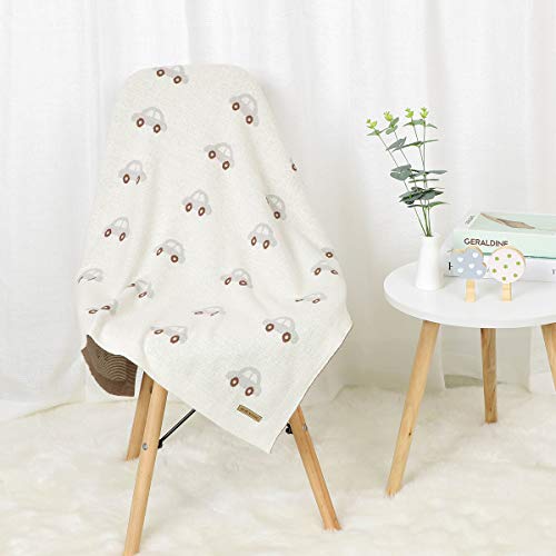 Mimixiong 100% Cotton Knitted Baby Blanket Soft Nursery Swaddling Blankets For Newborn Baby With Cute Car Pattern Ivory Size 30 X 40 Inches #TOP2
