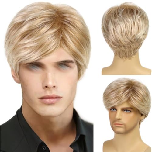 kkrrammii Men Short Blonde Wig Realistic Male Wig Cosplay Synthetic Hair Wigs for Men Layered Natural Looking Blonde Wigs for Daily Wear Halloween Party Costume Gold Gray (Gold)