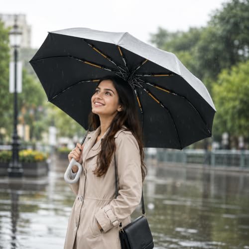 Image of Vasukie Compact Travel Umbrella with Ergonomic C-Shaped Handle, Wind Resistant Folding Umbrella for Men & Women, Lightweight Portable Umbrella for Travel, Office & Daily Use
