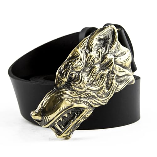 Grey Wolf belt buckle on leather belt, Handmade wolf head solid brass belt buckle, Belt buckle the wolf