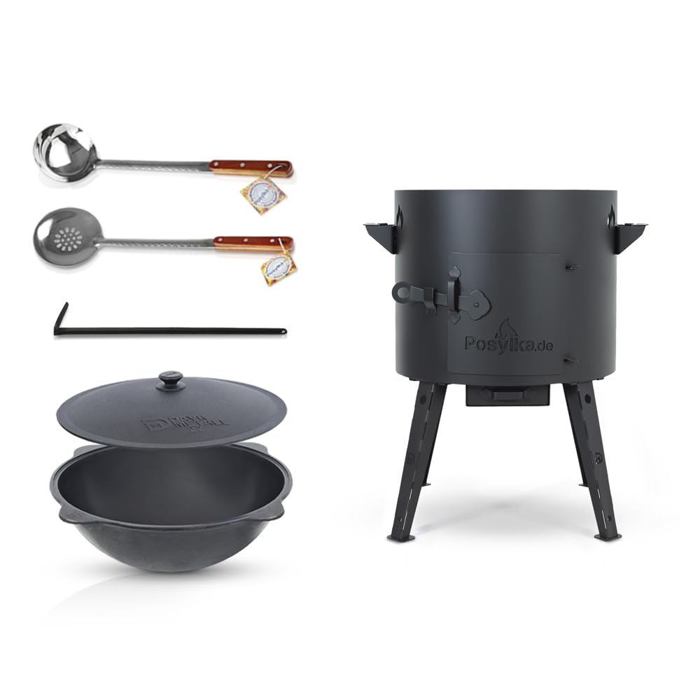 Utschak - Hornillo de hierro fundido con base redonda con tapa (12 L, diámetro de 40 cm, para exteriores, brasero, camping, kazán, cañón de goulash, horno holandés (set 3-12)