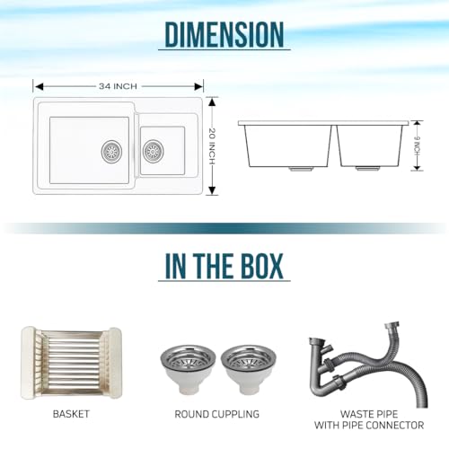 Image of ARQUIN Double Bowl Quartz Kitchen Sink 34x20x9 Inch Grey Granite, UV Protected, Undermount /Topmount Noise Reducing Quartz Sin For Kitchen Basin