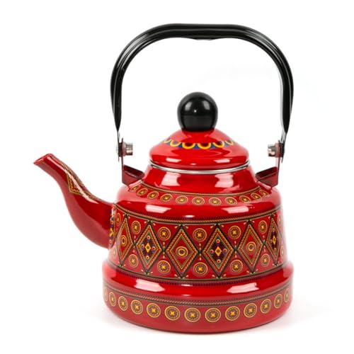 GRSMISさまざまなスタイルのエナメルティーポット、エナメルポット、エナメルケトル 琺瑯 ホーロー ケトル ホーローやかん 薬缶 おしゃれ レトロ お茶 やかん 大容量アウトドア 料理 やかんお茶 調理器具 (赤いメモリーフラワー,1.1 L)