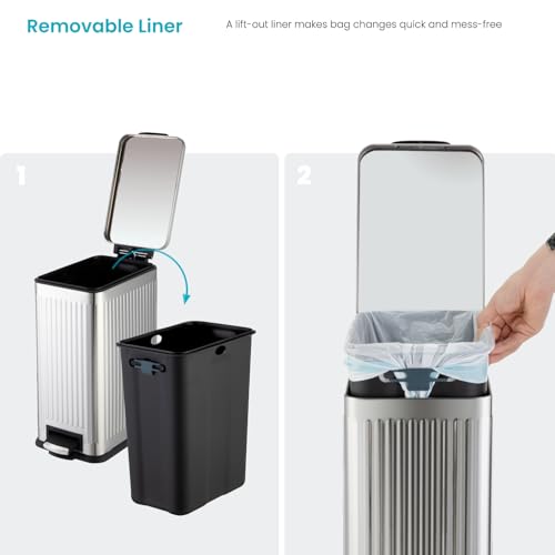 Image of Home Zone Living 4 Gallon Kitchen Trash Can with Slim Fit Design | Stainless Steel with Soft-Close Step Pedal Lid, Bag Tuck Band for Easier Bag Changes, Rectangular Shape, Reeded Style, Silver