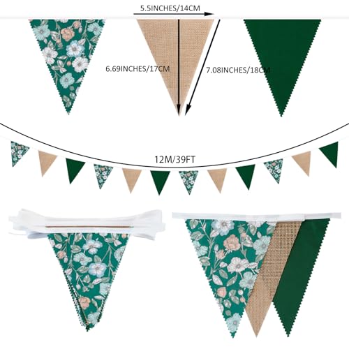 Image of Zwiebeco 39Ft Dark Green Floral Fabric Pennant Banner Vintage Burlap Triangle Flag Retro Flower Bunting Party Decoration for Birthday Engagement Wedding Bridal Baby Shower Rustic Village Garden Decor
