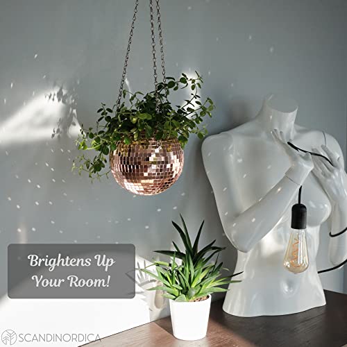Scandinordica Disco Ball Planter – Value Package: Mirror Disco Planter With Chain, Macrame Hanger And Acrylic Stand For Desk, Includes Self Watering Insert, Dorm Decor | 6 Inch Rose Gold #TOP3