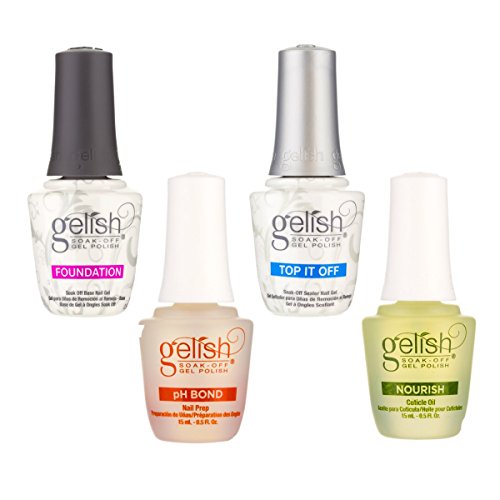 Gelish Harmony Fantastic Four Soak-Off Gel Polish Kit for LED Lamp - Foundation, Top Coat, Cuticle Oil, pH Bond Set - w HumanFriendly Travel Nail File