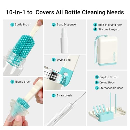 Image of Aynmer Baby Bottle Brush Cleaner Set - 10 In 1 Travel Bottle Cleaning Brush Kit with Silicone Bottle Brush, Nipple Brush, Soap Dispenser, Portable Drying Rack, Breast Pump & Bottle Cleaning Kit -Green
