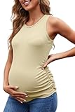 UNCLECAT Women's Maternity Tank Tops Summer Sleeveless Crewneck Ribbed Slim Fitted Blouse Side Ruched Pregnancy Shirts Beige