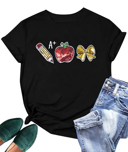 Teacher Shirts for Women Teach Teaching Tshirt Sequin Apple Shirt Back to School Shirt Teacher Life Tee Tops