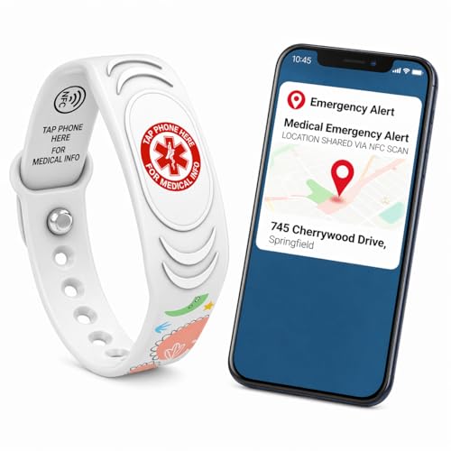SafeTag DinoBand Kids Medical ID Wristband Emergency Info Bracelet with Instant Parent Notifications Adjustable Silicone (Snowasaurus)