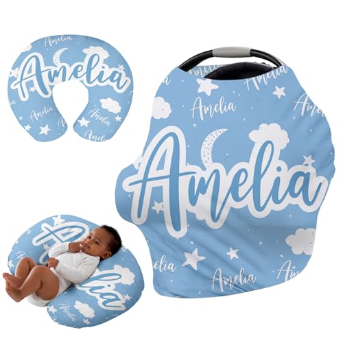 Image of Custom Car Seat Covers for Babies - Breathable Baby Car Seat Cover for Girls Boys, Kick-Proof Newborn Carrier Light Blue Star Canopy Stretchy Stroller Cover for 4 Seasons