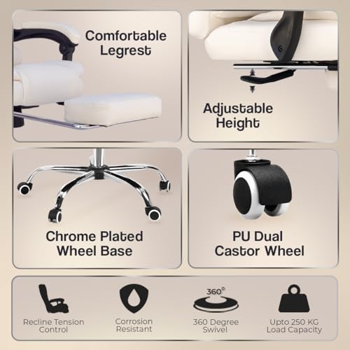 Image of Kepler Brooks Italia Premium Leatherette Office Chair for Work | 3-Years Warranty | Boss Chair for Office, Ergonomic Executive Chair, Cushioned Arms & Seat, Leg Rest,Heavy Duty Metal Base (Off White)