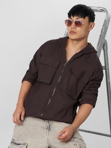Image of The Souled Store Utility Hoodie: Cocoa Men and Boys Full Sleeves Hooded Neck Cocoa Brown Solid Cotton Linen Oversized Fit Breathable Fabric Zipper Hoodie