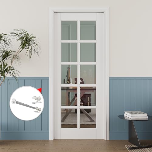 Image of 32 inch x 80 inch 10-Lite Clear Glass Pocket Door, Soft-Close Sliding Pocket Door with Frame & Hardware Kit Set, Primed All-Inclusive Interior Door Slab for Home, White, Need to Assemble