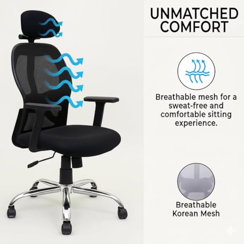 Image of Lakdi The Furniture Ergonomic High Back Office Chair with Adjustable Height, Mesh Back, Lumbar Support, Armrest & Tilt Lock - Comfortable Swivel & ExecutiveChair for Home & Office Work- SSL-886