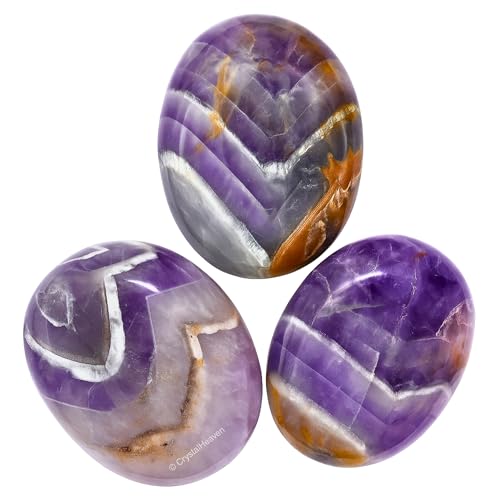 Image of Crystal Heaven Certified Amethyst Chevron Palm Pebbles Stones For Anxiety Stress Relief Massage - Aaa Grade Original Healing Gemstone Agate Palm Stone For Yoga Meditation Spiritual Reiki Feng Shui