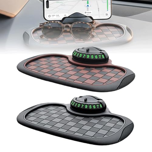 2026 New Multifunction Dashboard Anti Slip Pad, 360°Rotatable Car Anti-Slip Phone Holder Dashboard Pad with Parking Number Plate Mat for Phone Sunglasses Keys (Gray+Brown)