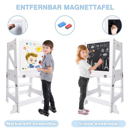 YOLEO 3 in1 Lernturm Kinder, Klappbar Montessori Lernturm ab 1,5 Jahr, Learning Tower für Kinder mit Rausfallschutz, mit doppelseitiger magnetischer Tafel, Küchen-/Badezimmerhelfer (Weiß)