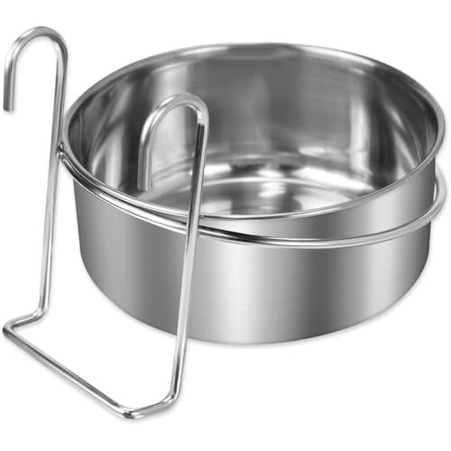 ペットぶら下げボウル ペットボウル ハンガー ゲージ用 深型 固定 ステンレス製 ペット食器 水飲みボウル 餌入れ 猫 犬 鳥 小動物用 食器 給水器 (14*5.5CM)