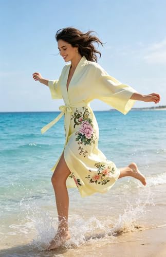 Image of Women's Classic 100% Silk Kimono Robe, Bathrobe-Printed Pattern