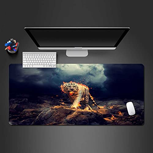 Tapis de souris XXL tigre en feu 90x40 cm antidérapant pour PC gamer