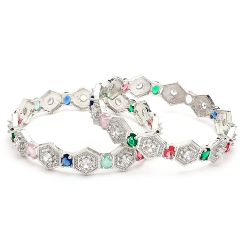 Image of ZENEME Rhodium Plated Silver Toned Geometrical Shaped Multicolor American Diamond Studded Bangles Set Of 2 For Women & Girls
