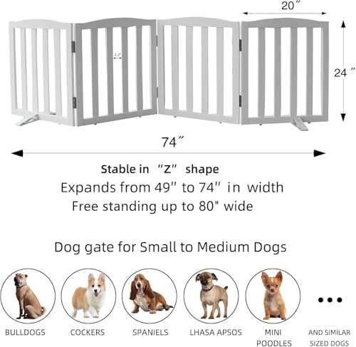 Image of Freestanding Pet Gate, Folding Safety Fence Wooden Kids & Dog Gate with 2PCS Support Feet Ideal for Stairs, Doorways, Halls, Kitchens, Indoors Gates, 24 inch(60 Cm), White (4 Panel)