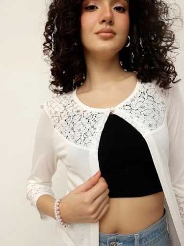 Image of ESPRESSO Women 95% Viscose 5% Spandex 3 /4th Sleeve Designer Lace Front Open Shrug