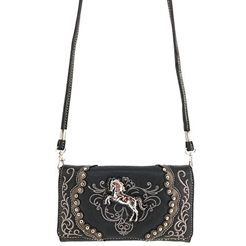 Justin West Horse Embroidery Studded Concealed Carry Handbag Purse Matching Wallet (Black Wallet)3