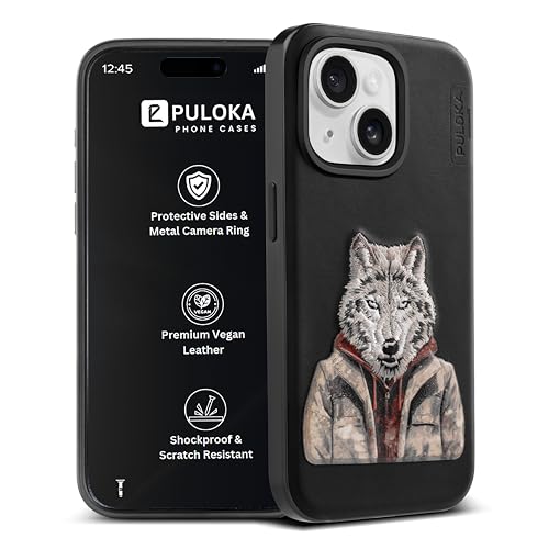Image of PULOKA - Mobile Cover Compatible for iPhone 15 - Wolf Embroidery - Sleek & Stylish - Protective & Anti Scratch Phone Cover Vegan Leather Back Case - Men & Women - Black