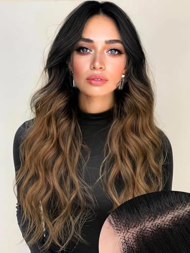Image of AISI HAIR Brown Wig for Women, Long Wavy Black To Brown Lace Hairline Middle Part Synthetic Heat Resistant Wig for Daily Party-26 Inch