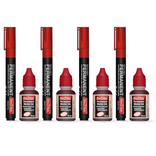 Image of Soni Officemate Permanent Marker Combo-Red | 4 Markers + 4 Inks | Waterproof & Refillable | Multi-Surface Use | 4.43 mm Tip
