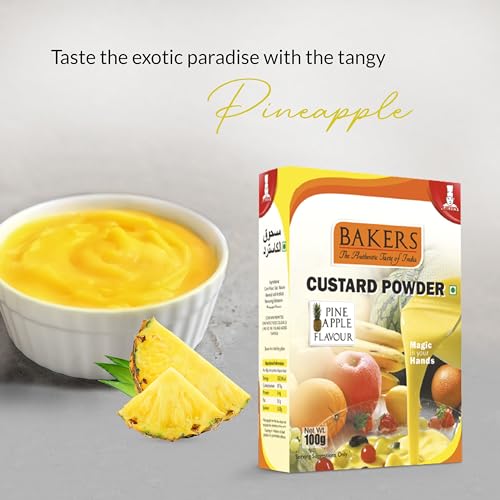 Image of BAKERS Custard Powder | Pineapple Flavor | (100g x 6, 600g) | Contains No Eggs | Long Shelf Life | Makes Smooth, Creamy, Testy & Juicy Custard | Quick & Easy to Make |Best For Fruit Salads & Puddings