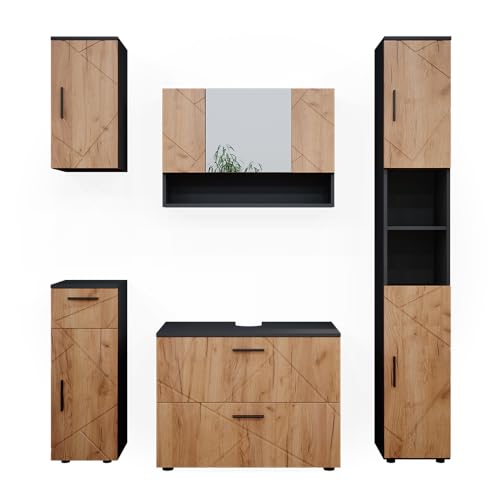 Vicco Meubles Bain Irma, Chêne doré/Anthracite, 80 cm, composé d’Un Meuble sous-lavabo, Armoire Miroir, Colonne, Demi-Colonne et Meuble Haut