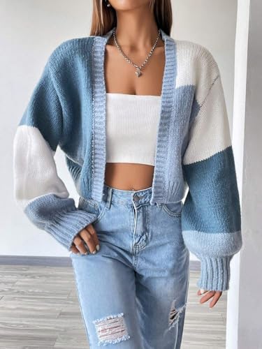 Image of SISKIN Fall Cropped Cardigan Sweaters for Women Lightweight,Color Block Oversized Cardigan Sweater