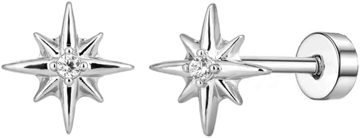 20g Star CZ Screw Flat Back Small Stud Earrings for Women Men Stainless Steel Silver Plated Stars Cartilage Tragus Piercing Little Studs Hypoallergenic Fashion Trendy Jewelry Birthday Gift