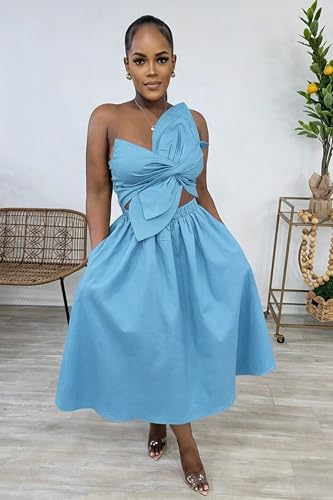 Image of YUEWOO Midi Dresses for Women Casual Summer Sundresses Vacation Outfits Spaghetti Strap Smocked Women Maxi Dress with Pockets