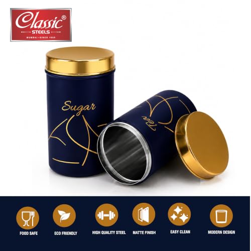 Image of Classic Steels Premium Long Tea & Sugar Canister Set (850ml) (Blue) | Airtight Kitchen Canisters Stainless Steel Storage Jars with Gold Lid & Label | Matte Finish Kitchen Storage Container Set
