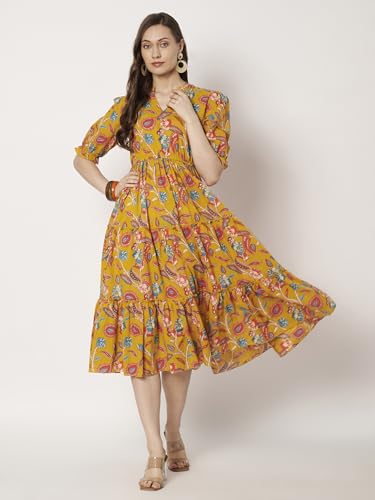 Image of Dress for Women | One Piece for Women | Long Stylish Women Dress Fit & Flare Maxi Dress, Cotton Summer Calf Length Dress