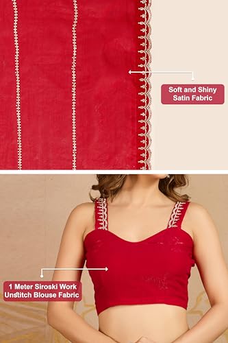 Image of TRENDMALLS Women's Satin Siroski With Zarkan Work Saree with Unstitched Blouse Piece
