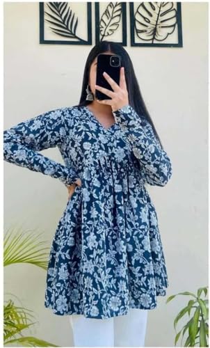 Image of Women's Rayon Floral Printed A-Line Tunic Top | Stylish Casual Wear | V-Neck Long Sleeve Kurti Top