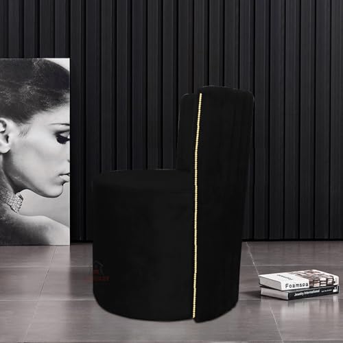 Image of Luxury Velvet Ottoman Chair Pouffe Stool-Modern Round Soft-Padded Chair for Dining Room, Living Room /Cafeteria Seating /Bedroom and Dressing Area /Ottoman with Backrest (Black)