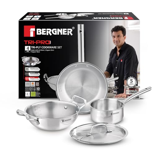 Bergner Tripro Triply Stainless Steel 4 Pc Cookware Set, 24 cm Indian Wok/Kadai with Lid, 22 cm...