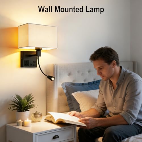 Image of Plug in Wall Sconce, Bedside Wall Lamp for Bedroom with AC Outlet & USBA+C Charging Port, Wall Mounted Reading Light with 360Adjustable, Black Headboard Lamps with 3 Color Temperature