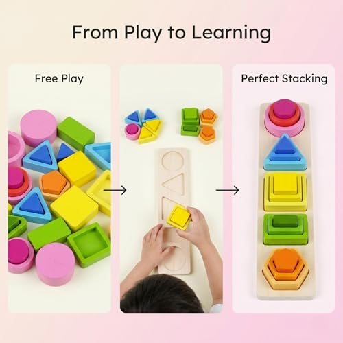 Image of 5 in 1 Wooden Shape Sorter Toys for Kids - Sorting & Stacking Peg Board, Montessori Learning Set Helps Improve Fine Motor Skills & Early Education | Toddlers Age 1-3 Years | Multicolor